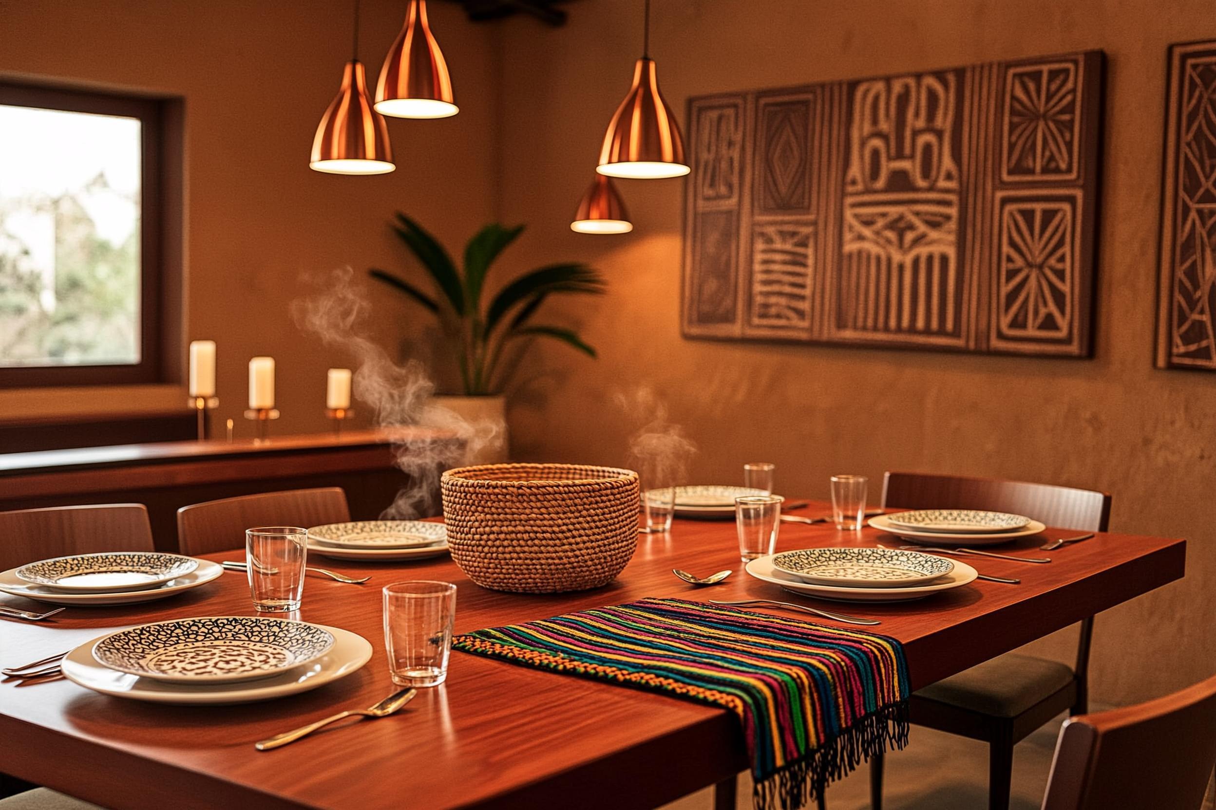 Salle élégante du restaurant Adji Anta Diop baignée de lumière dorée